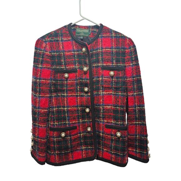 J McLaughlin For Sanyo Women’s Red Plaid Tartan Blazer Jacket Wool Mohair Sz 8 - Picture 1 of 8